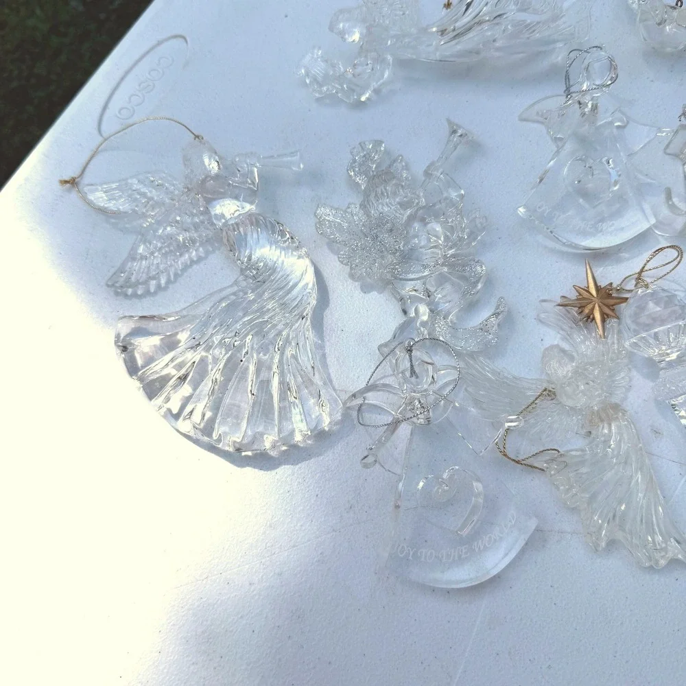 Christmas Ornament Lot 12pc Clear Acrylic Angels Joy Doves Clear